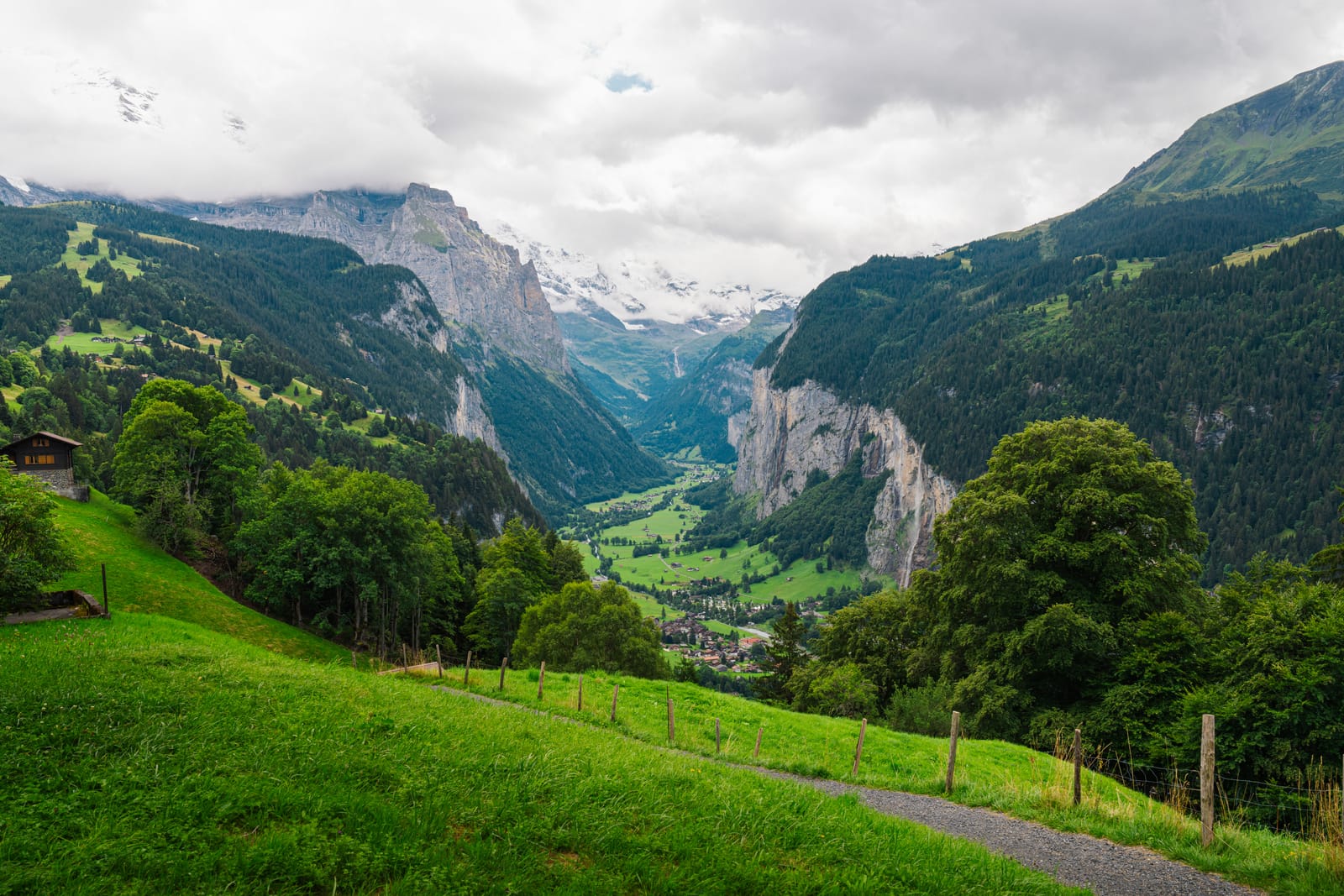 Deep green valley vista between cliffs.